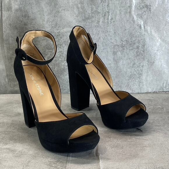 SUN+STONE Women's Black Micro Reeta Block-Heel Platform Heels SZ 7 - Picture 3 of 9